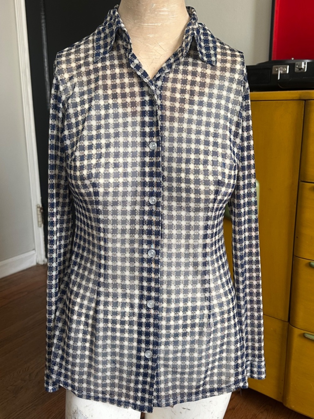 CAbi Blue Checkered Sheer Button-Down Blouse